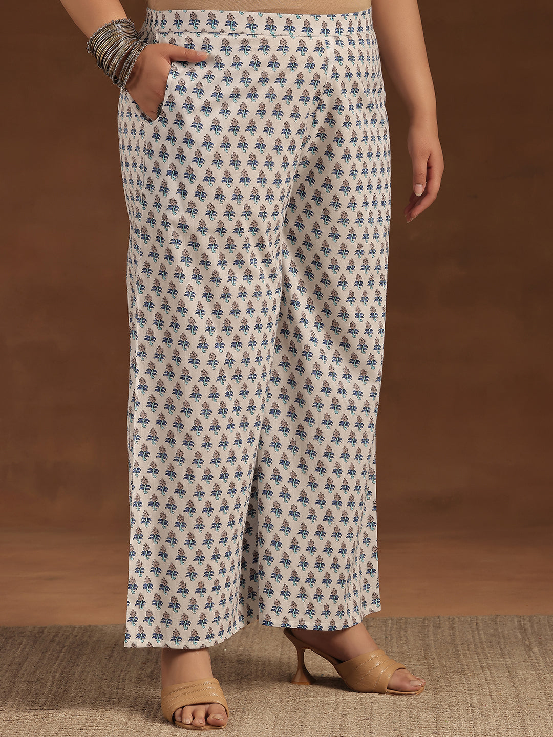 Plus Size Blue Printed Cotton Straight Suit With Dupatta