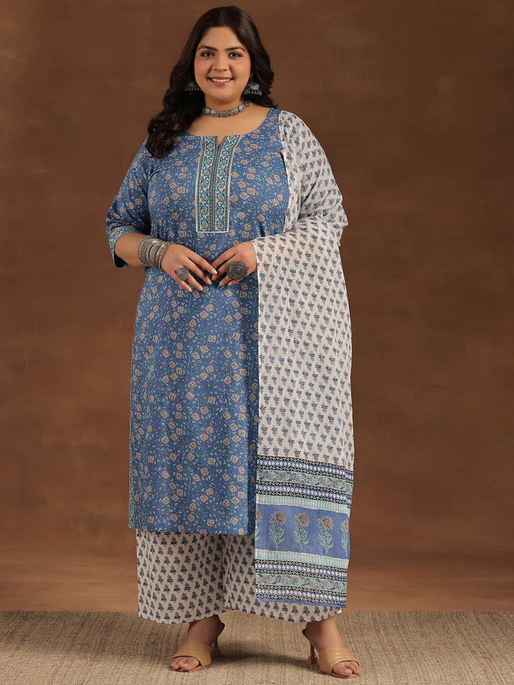 Plus Size Blue Printed Cotton Straight Suit With Dupatta