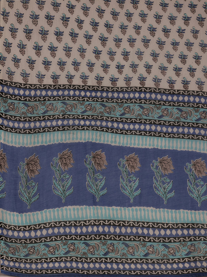 Plus Size Blue Printed Cotton Straight Suit With Dupatta