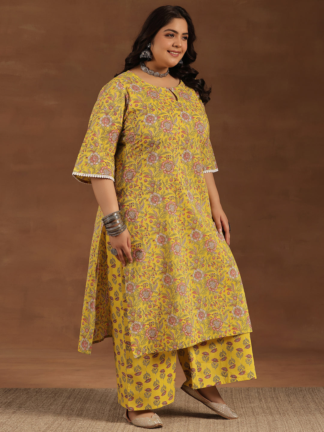 Plus Size Yellow Printed Cotton Straight Suit With Dupatta