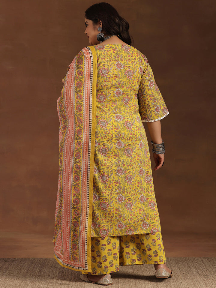 Plus Size Yellow Printed Cotton Straight Suit With Dupatta