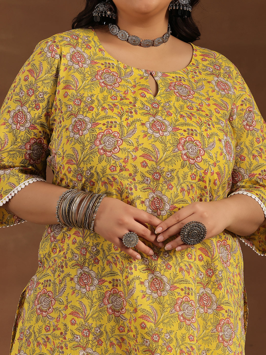 Plus Size Yellow Printed Cotton Straight Suit With Dupatta