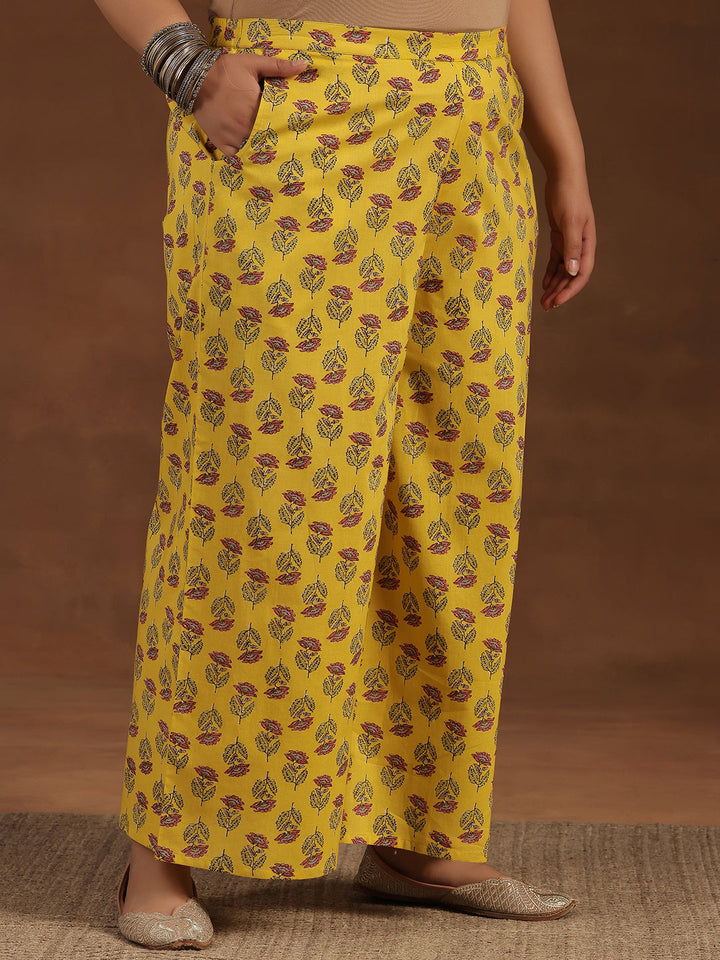 Plus Size Yellow Printed Cotton Straight Suit With Dupatta