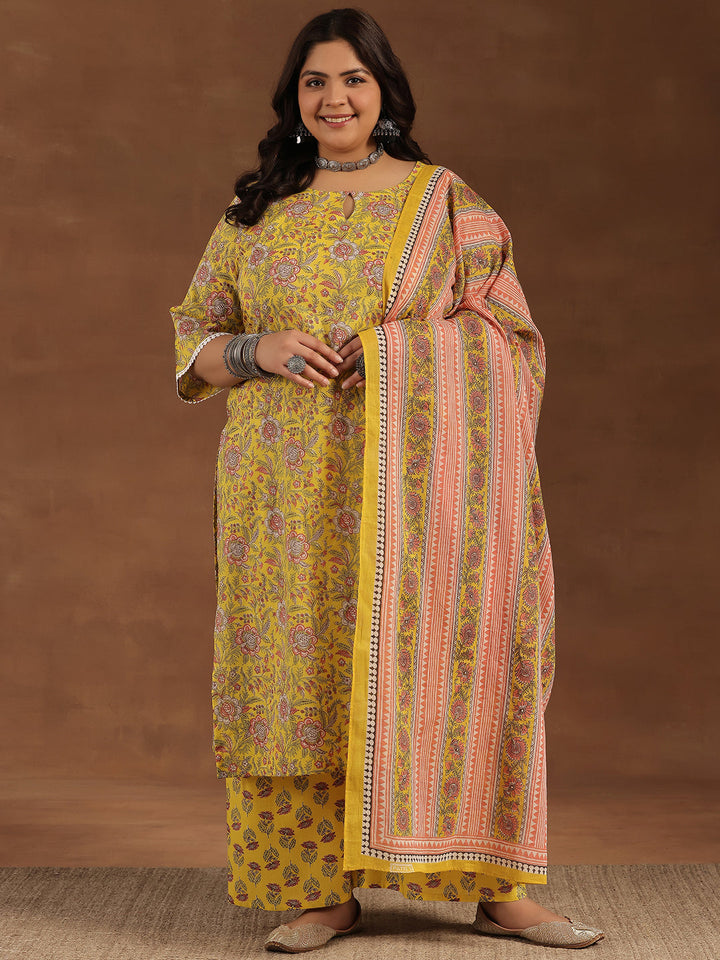 Plus Size Yellow Printed Cotton Straight Suit With Dupatta