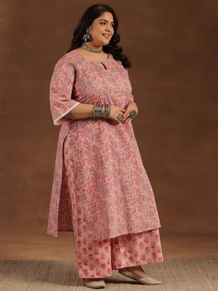 Plus Size Pink Printed Cotton Straight Suit With Dupatta