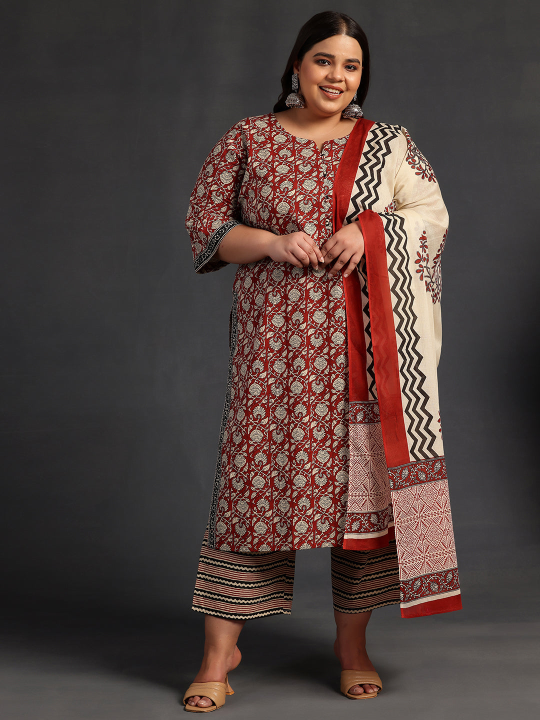 Plus Size Maroon Printed Cotton Straight Suit With Dupatta