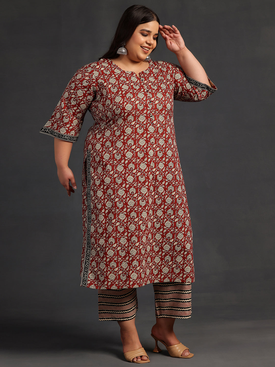 Plus Size Maroon Printed Cotton Straight Suit With Dupatta