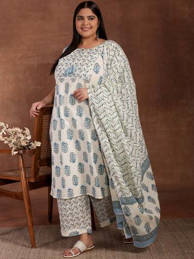 Plus Size Cream Printed Cotton Straight Suit With Dupatta