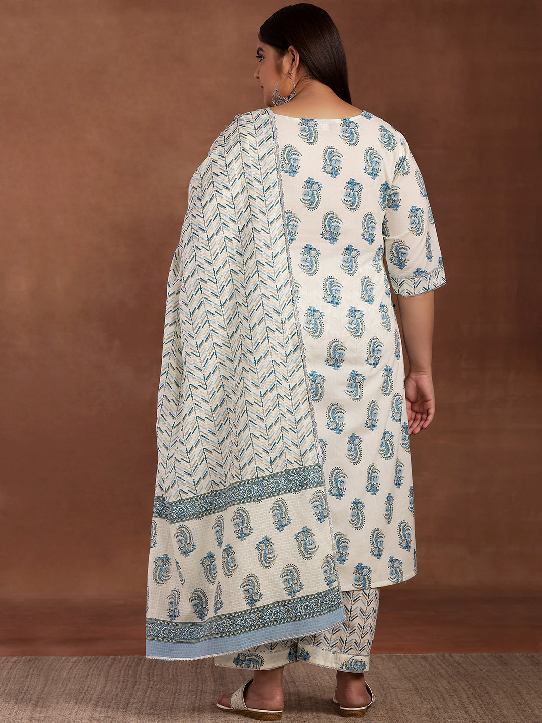 Plus Size Cream Printed Cotton Straight Suit With Dupatta