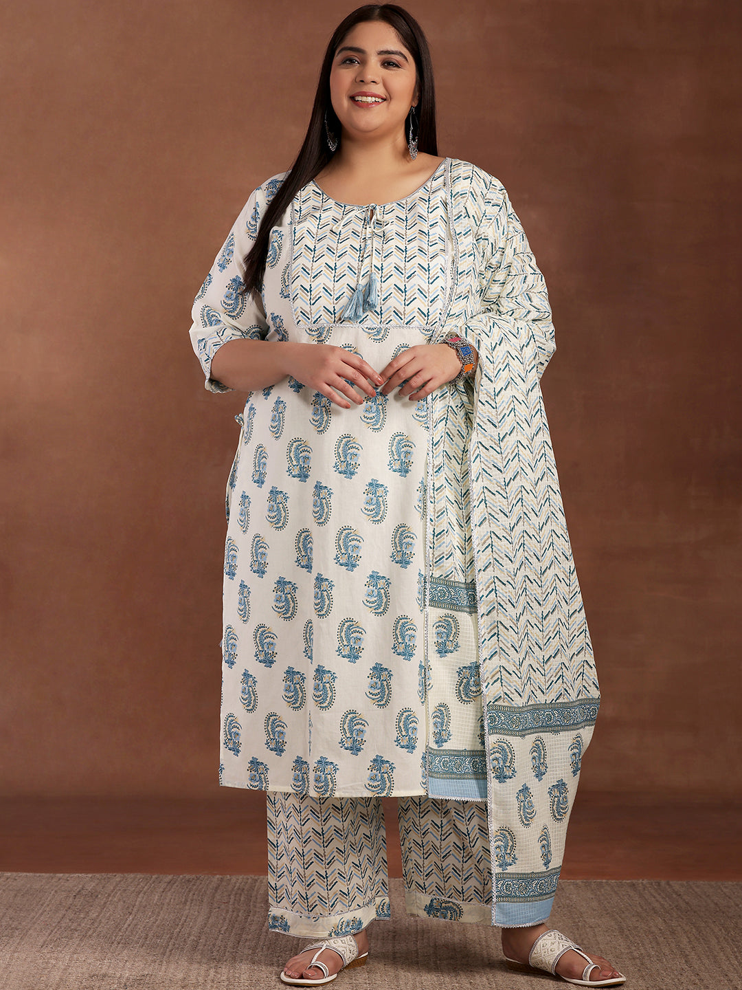Plus Size Cream Printed Cotton Straight Suit With Dupatta