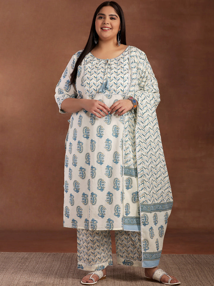Plus Size Cream Printed Cotton Straight Suit With Dupatta