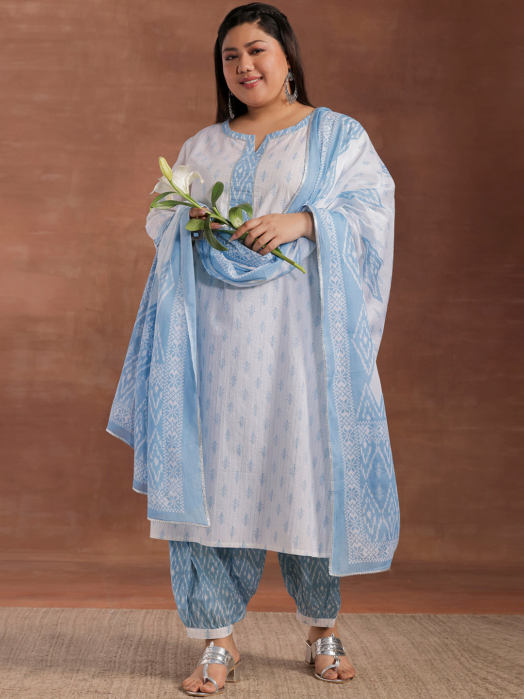 Plus Size White Printed Cotton Straight Suit With Dupatta