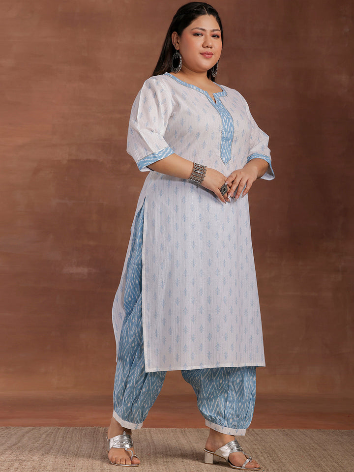 Plus Size White Printed Cotton Straight Suit With Dupatta
