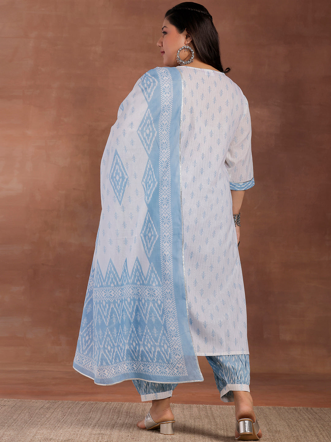 Plus Size White Printed Cotton Straight Suit With Dupatta