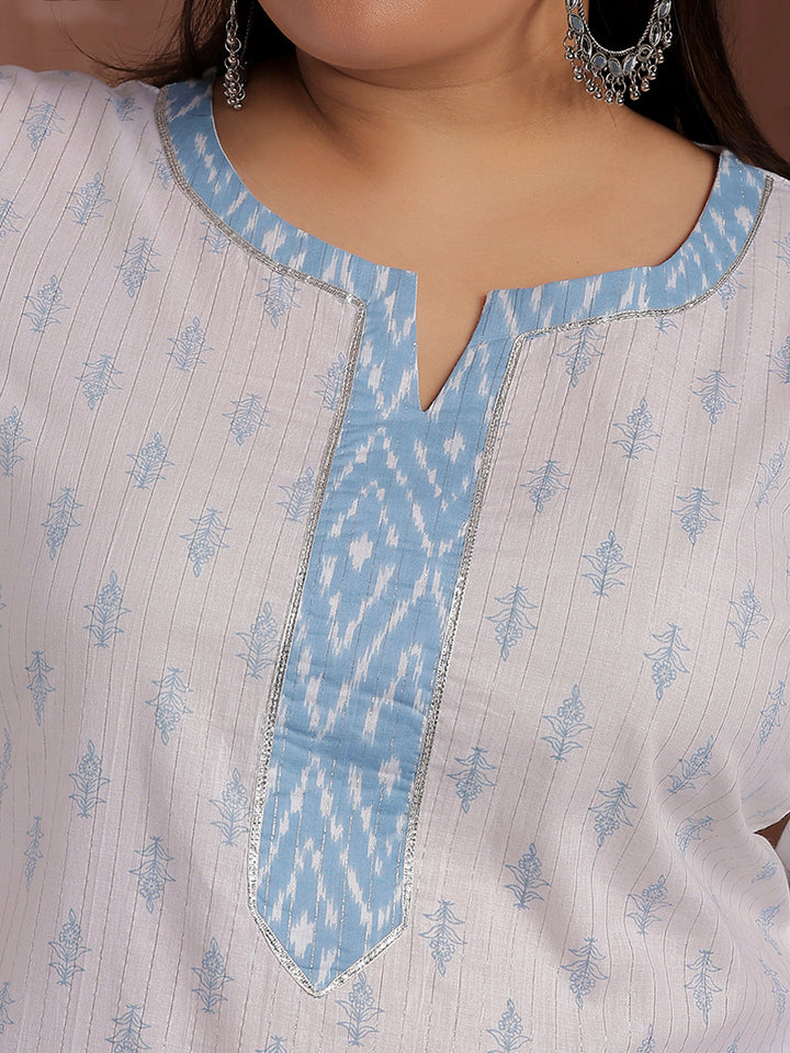 Plus Size White Printed Cotton Straight Suit With Dupatta