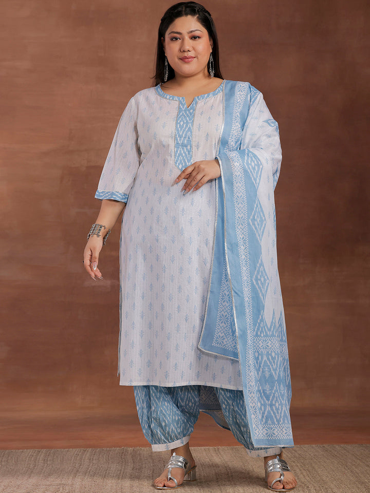 Plus Size White Printed Cotton Straight Suit With Dupatta