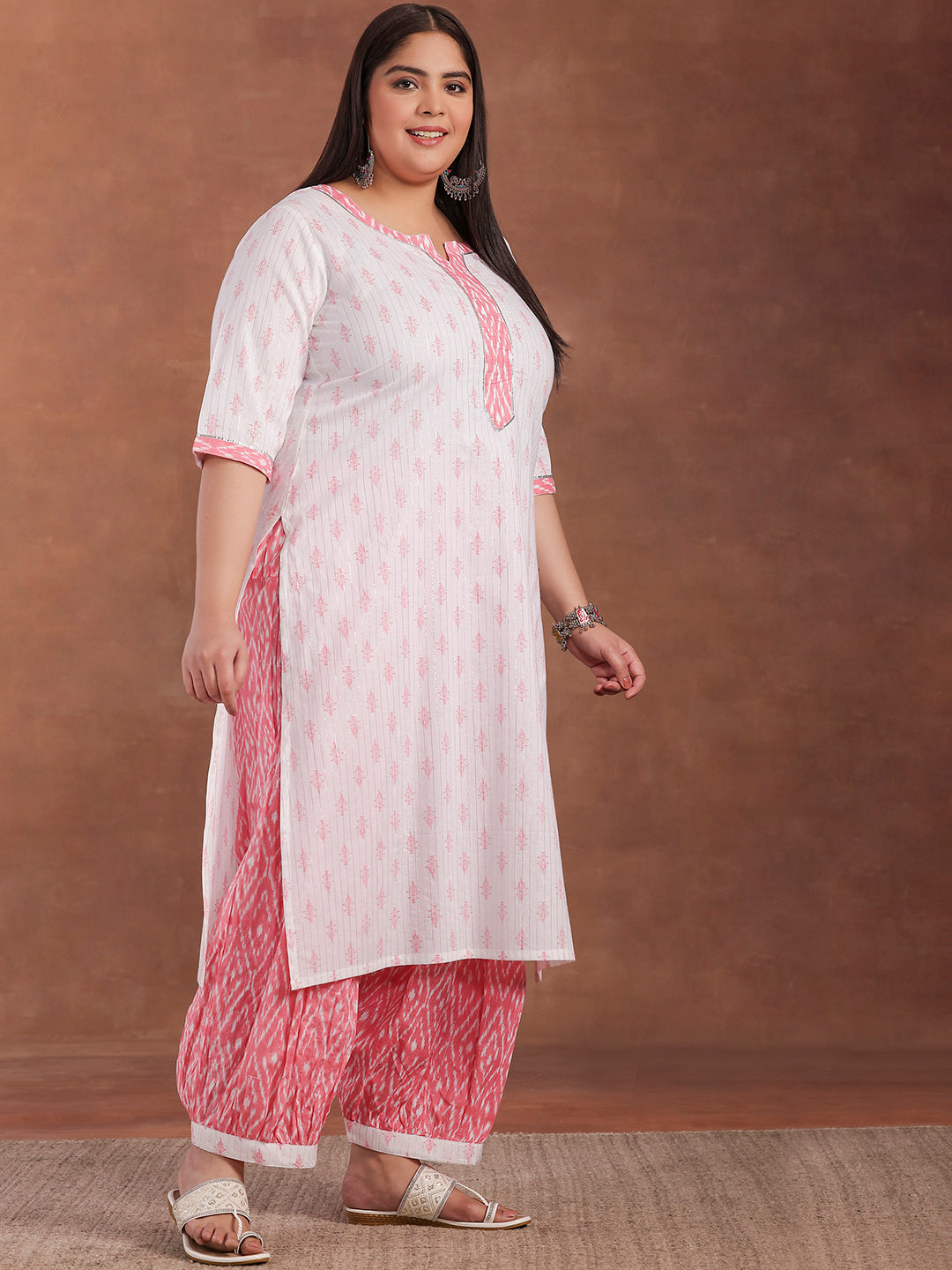 Plus Size White Printed Cotton Straight Suit With Dupatta