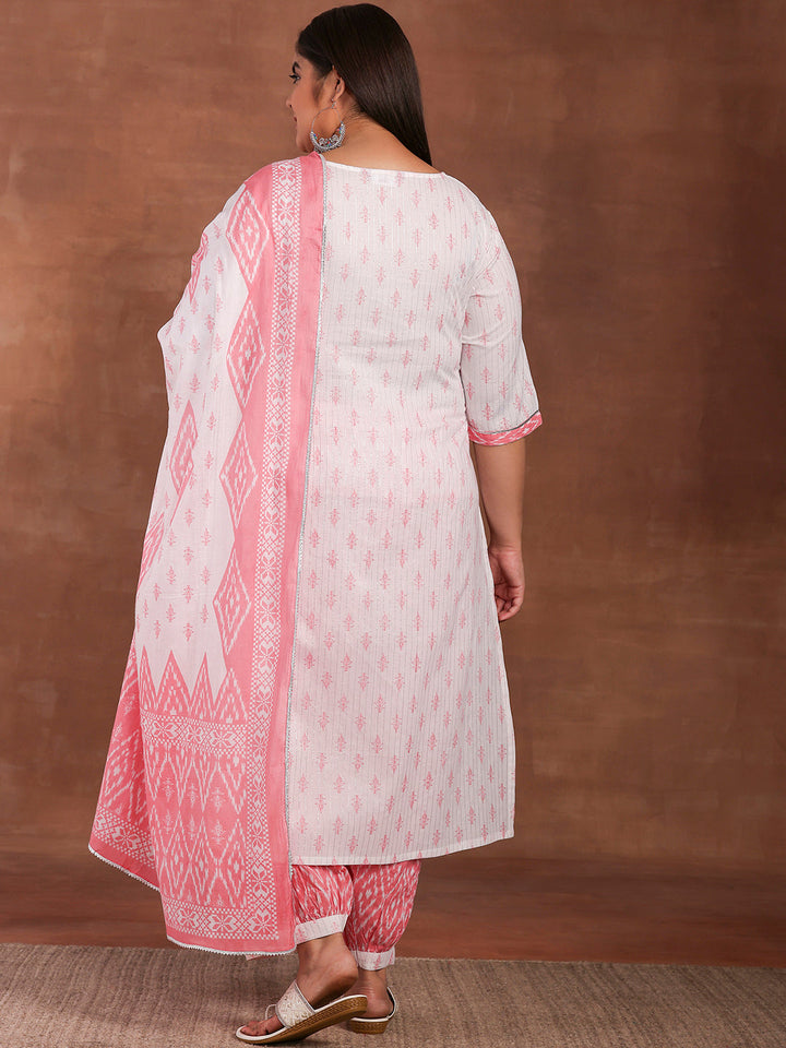Plus Size White Printed Cotton Straight Suit With Dupatta