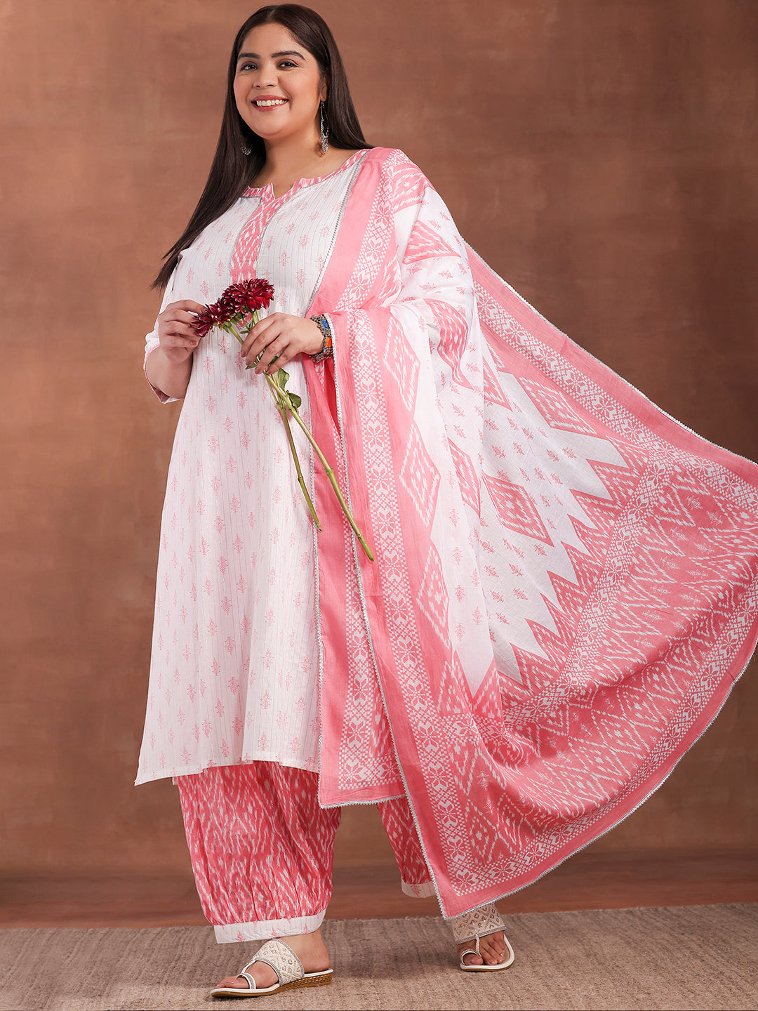 Plus Size White Printed Cotton Straight Suit With Dupatta
