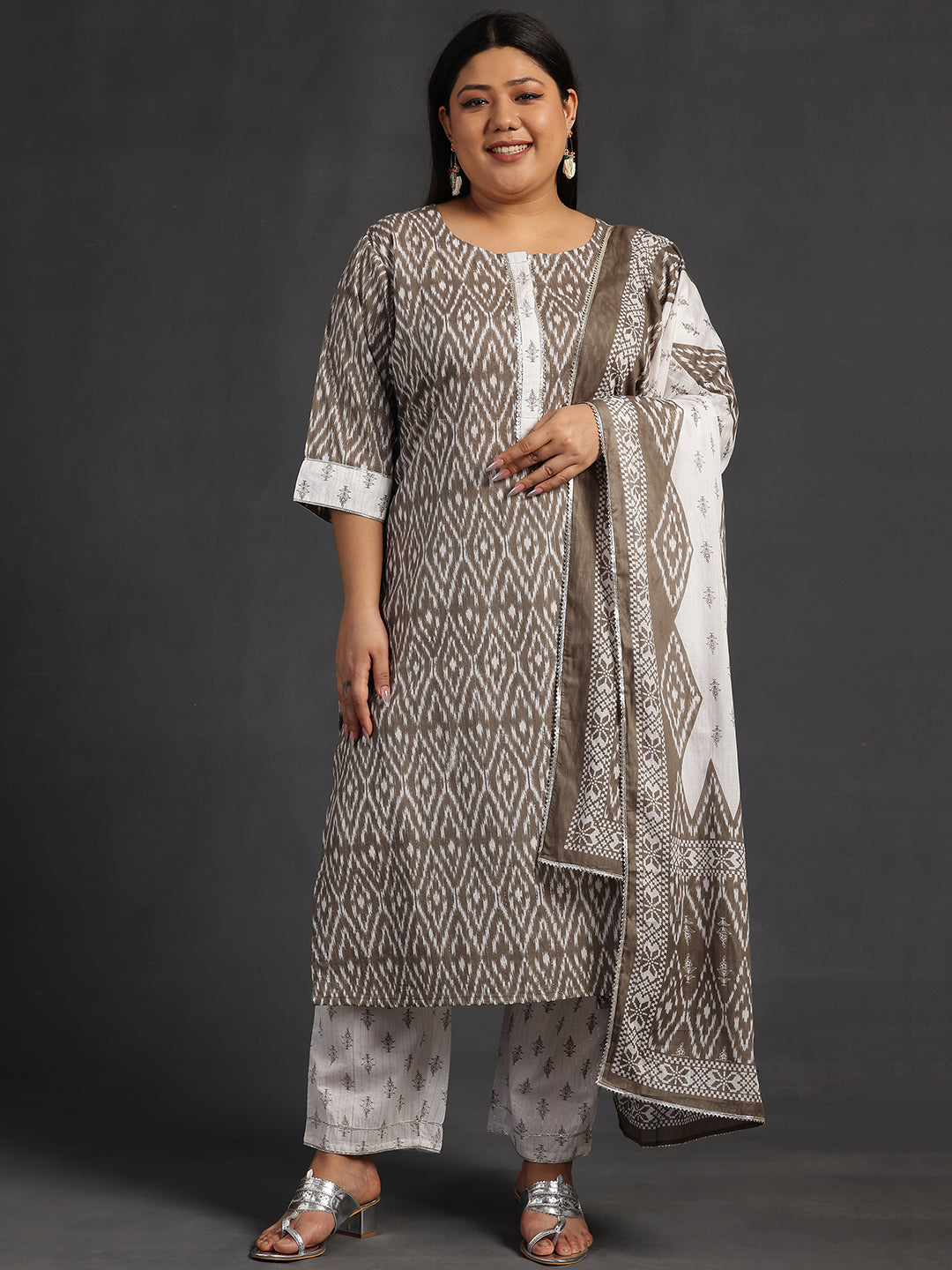Plus Size Grey Printed Cotton Straight Suit With Dupatta