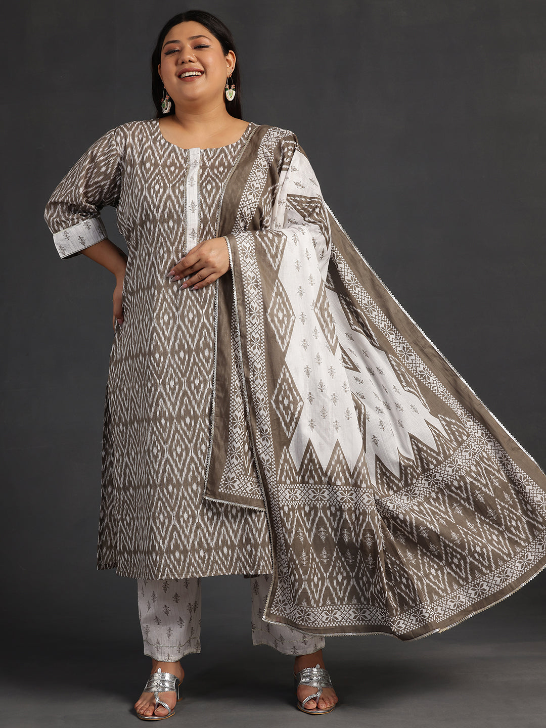 Plus Size Grey Printed Cotton Straight Suit With Dupatta