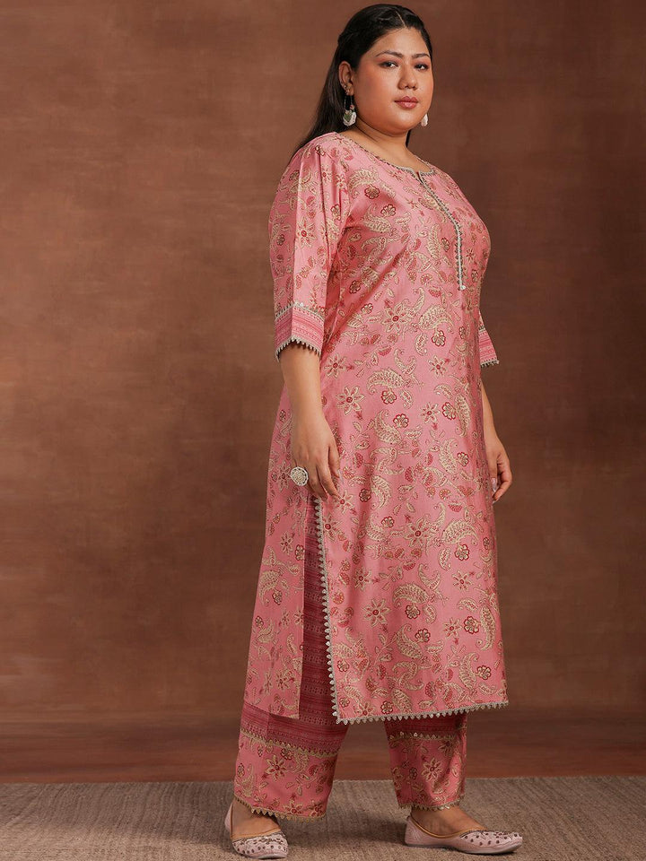 Plus Size Pink Printed Silk Blend Straight Suit With Dupatta