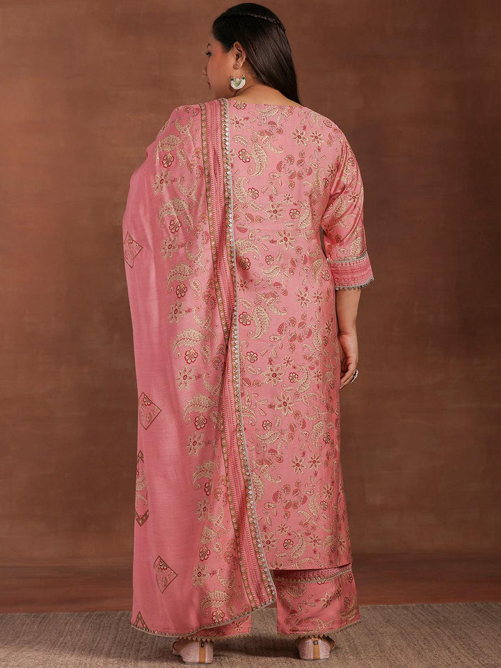 Plus Size Pink Printed Silk Blend Straight Suit With Dupatta