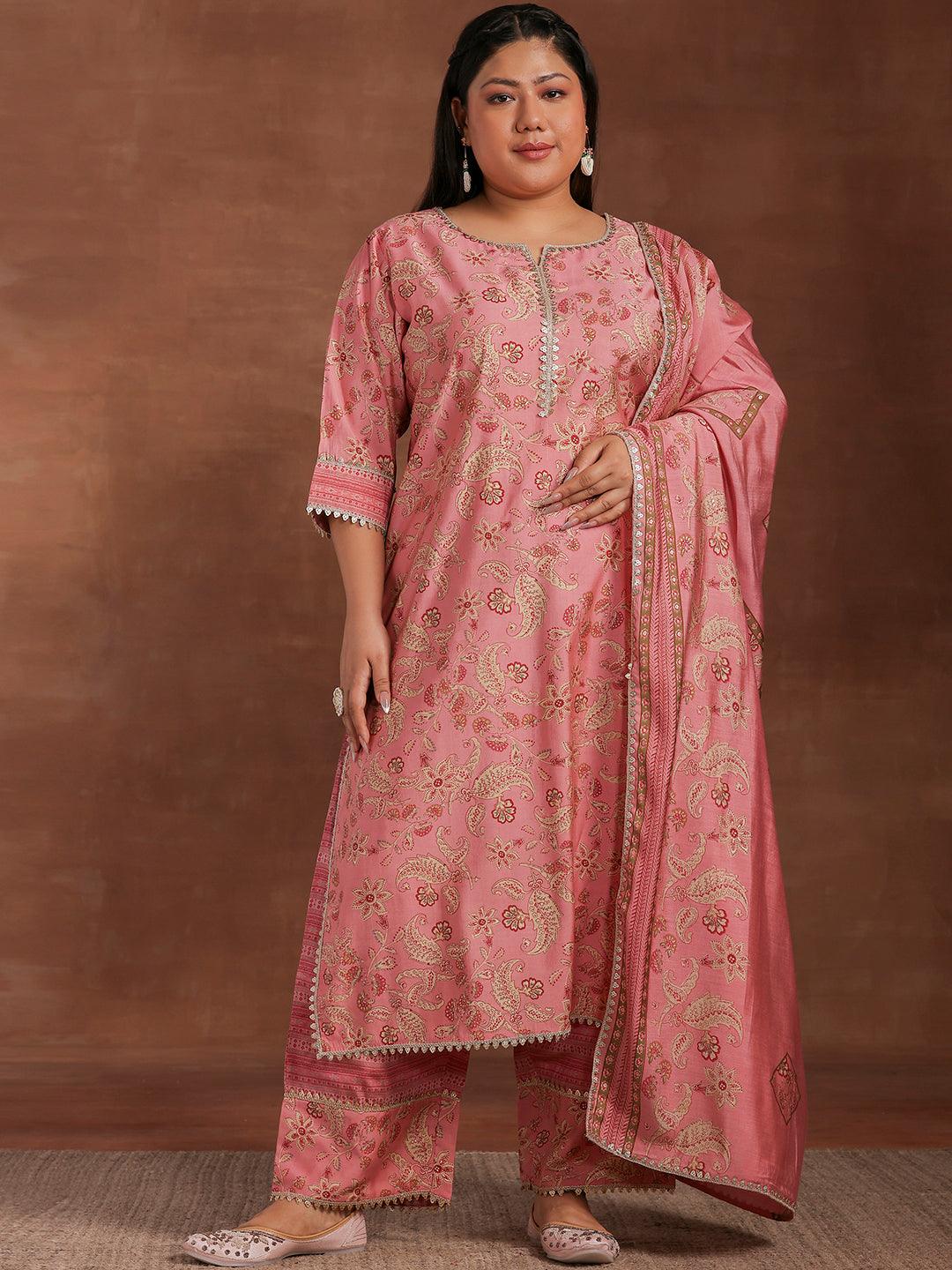 Plus Size Pink Printed Silk Blend Straight Suit With Dupatta