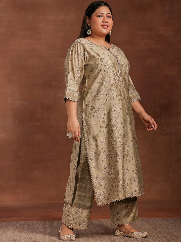 Plus Size Green Printed Silk Blend Straight Suit With Dupatta