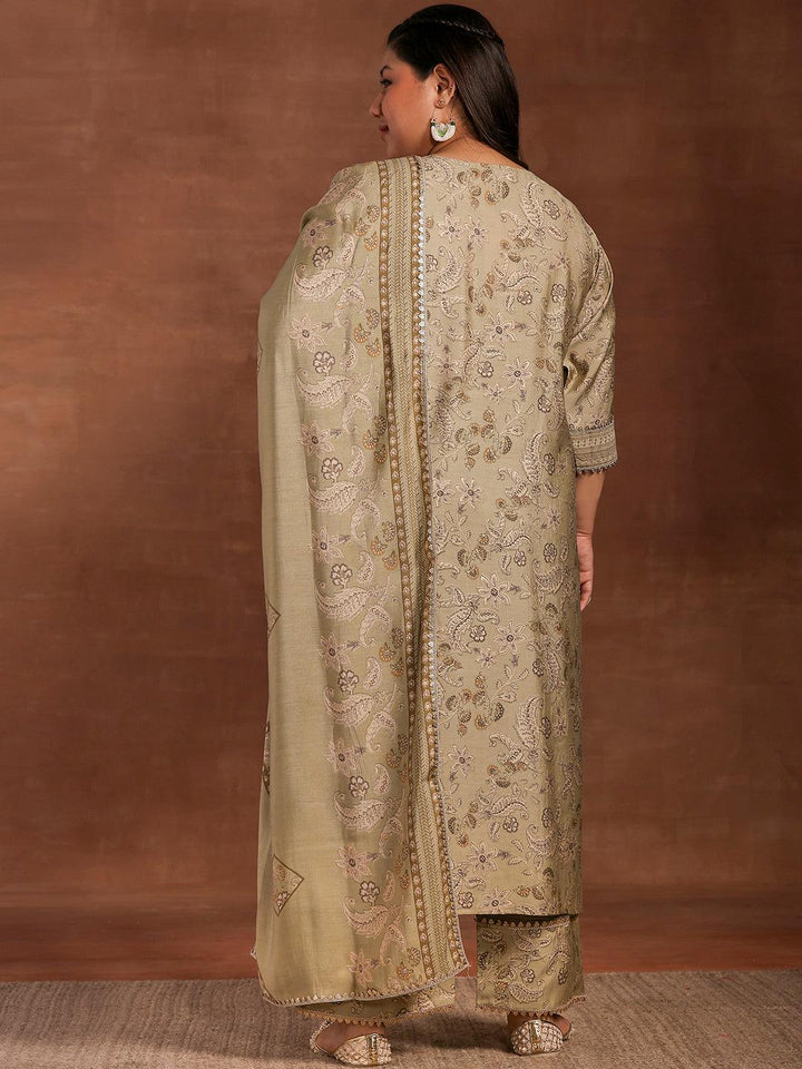 Plus Size Green Printed Silk Blend Straight Suit With Dupatta