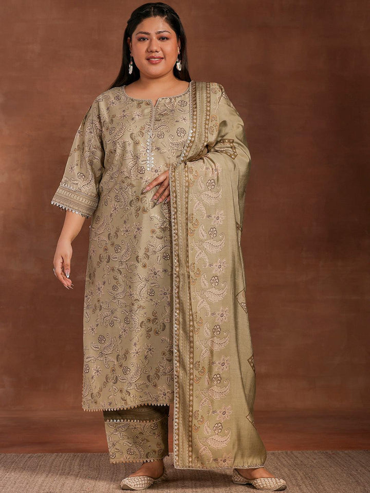 Plus Size Green Printed Silk Blend Straight Suit With Dupatta