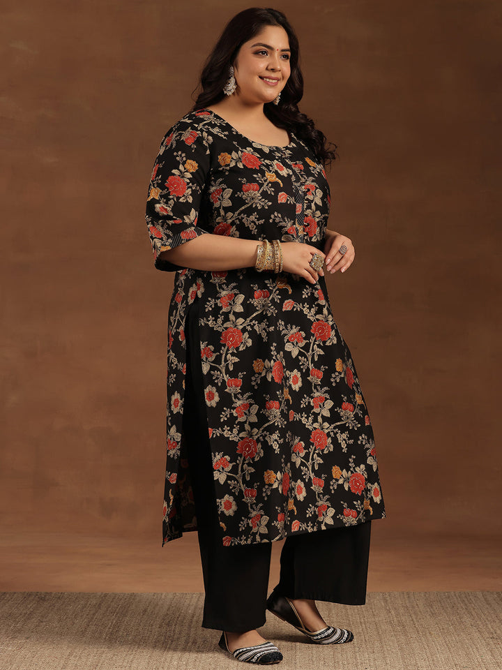 Plus Size Black Printed Silk Blend Straight Suit With Dupatta