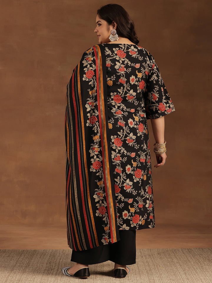 Plus Size Black Printed Silk Blend Straight Suit With Dupatta