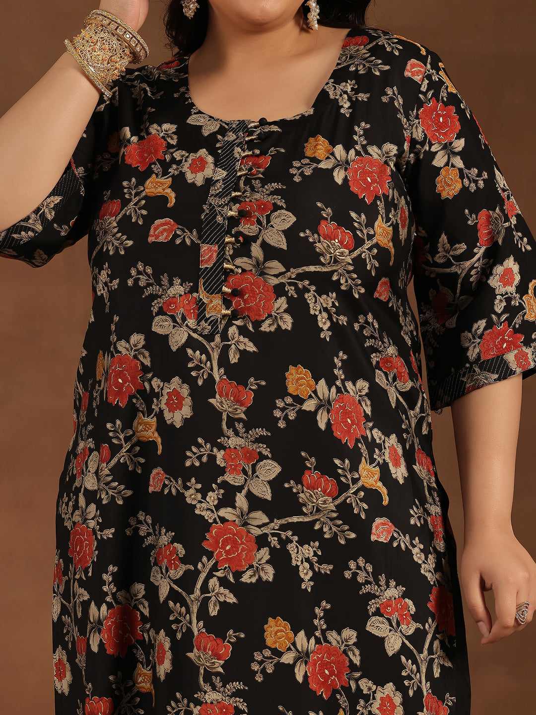 Plus Size Black Printed Silk Blend Straight Suit With Dupatta