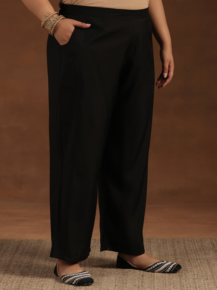 Plus Size Black Printed Silk Blend Straight Suit With Dupatta