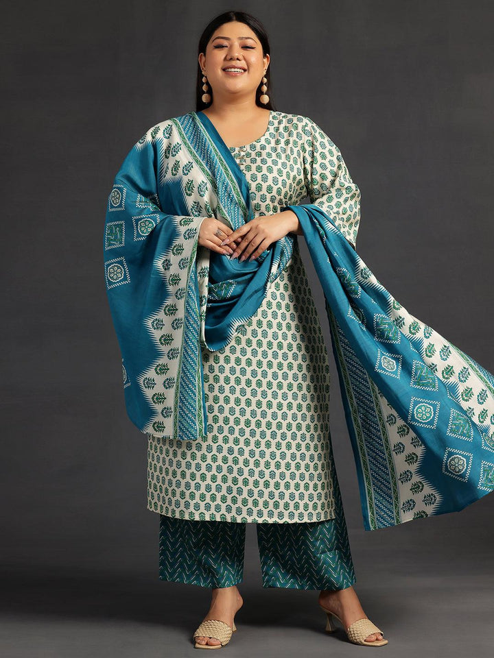 Plus Size Beige Printed Silk Blend Straight Suit With Dupatta