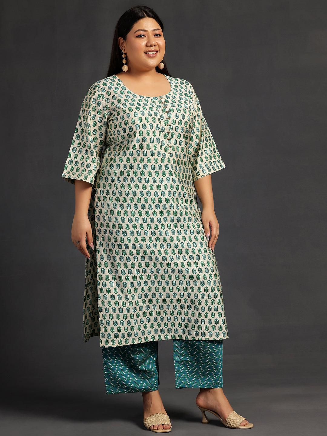 Plus Size Beige Printed Silk Blend Straight Suit With Dupatta