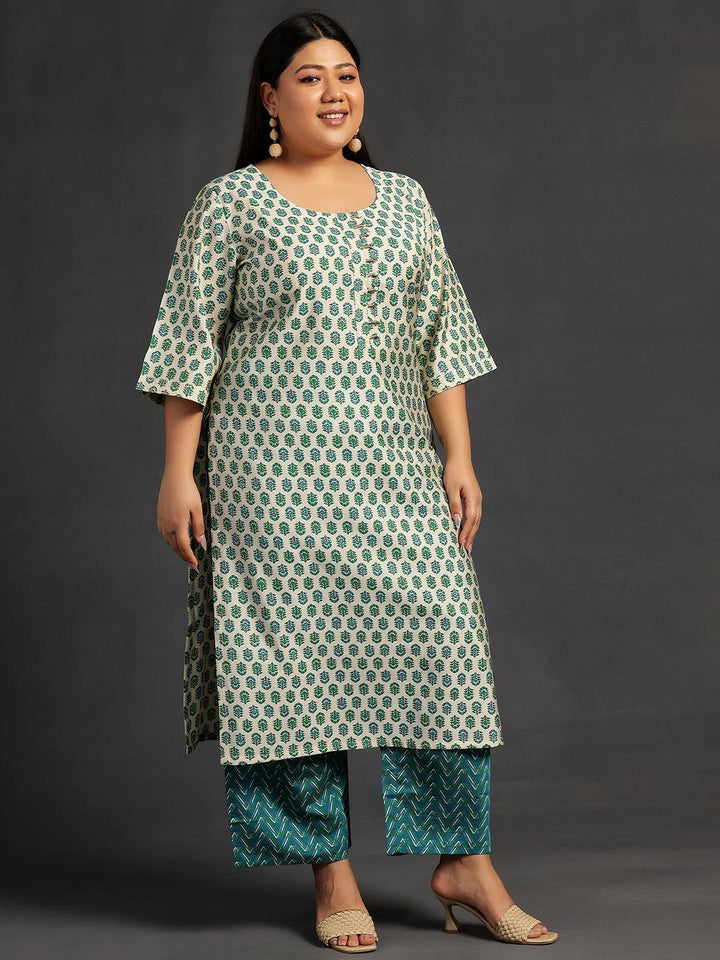 Plus Size Beige Printed Silk Blend Straight Suit With Dupatta