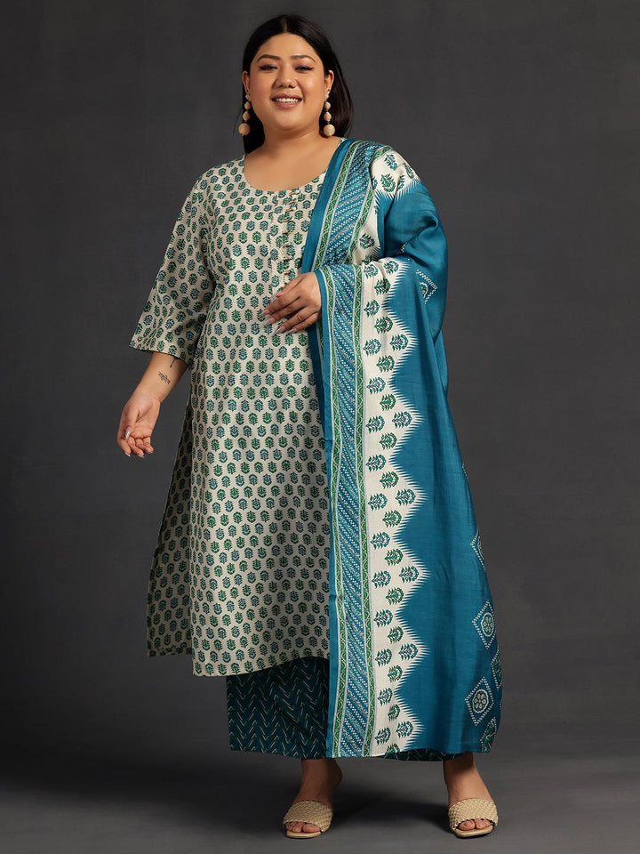 Plus Size Beige Printed Silk Blend Straight Suit With Dupatta