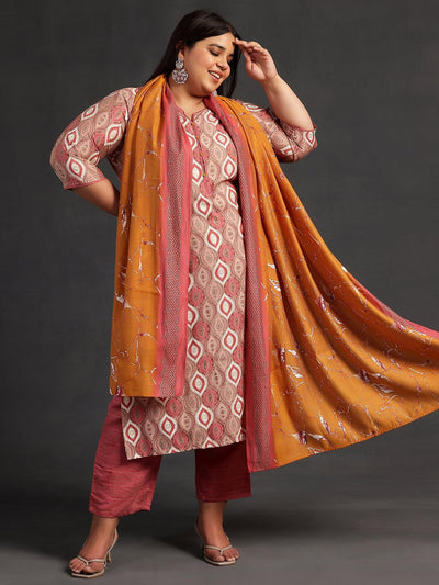 Plus Size Mauve Printed Silk Blend Straight Kurta With Trousers & Dupatta - ShopLibas