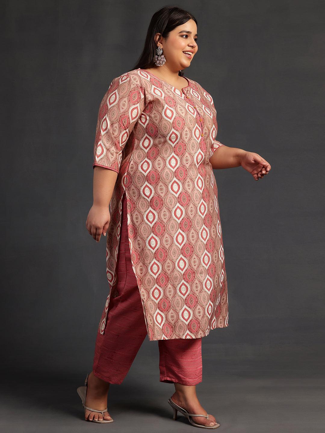 Plus Size Mauve Printed Silk Blend Straight Kurta With Trousers & Dupatta - ShopLibas 