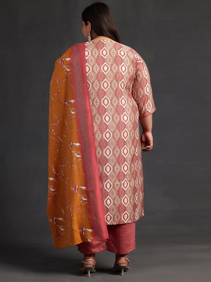 Plus Size Mauve Printed Silk Blend Straight Suit With Dupatta