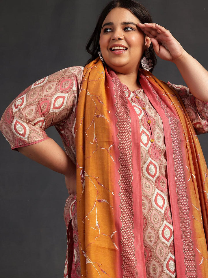 Plus Size Mauve Printed Silk Blend Straight Suit With Dupatta