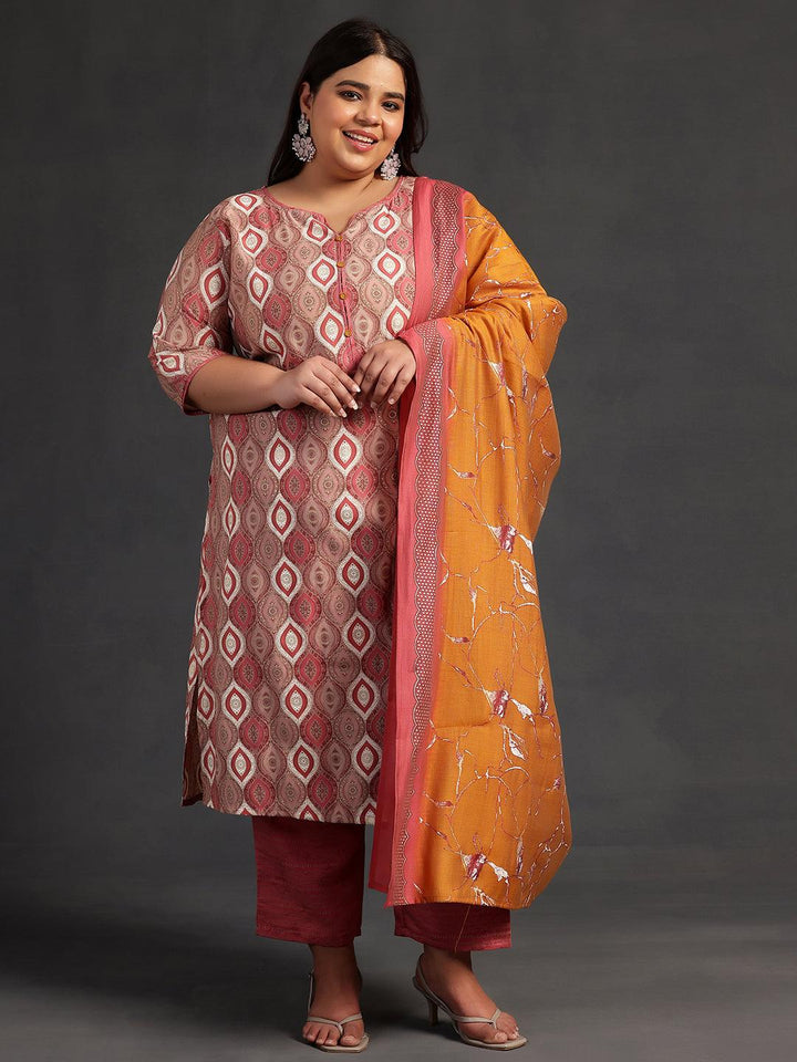 Plus Size Mauve Printed Silk Blend Straight Suit With Dupatta