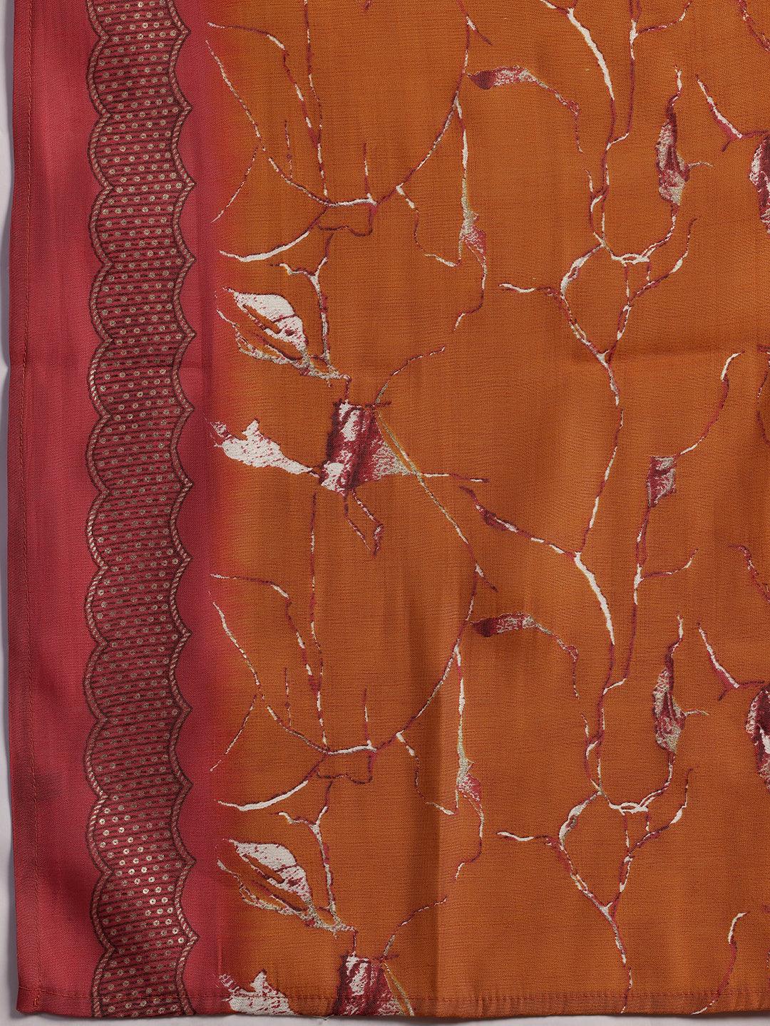 Plus Size Mauve Printed Silk Blend Straight Kurta With Trousers & Dupatta - ShopLibas 