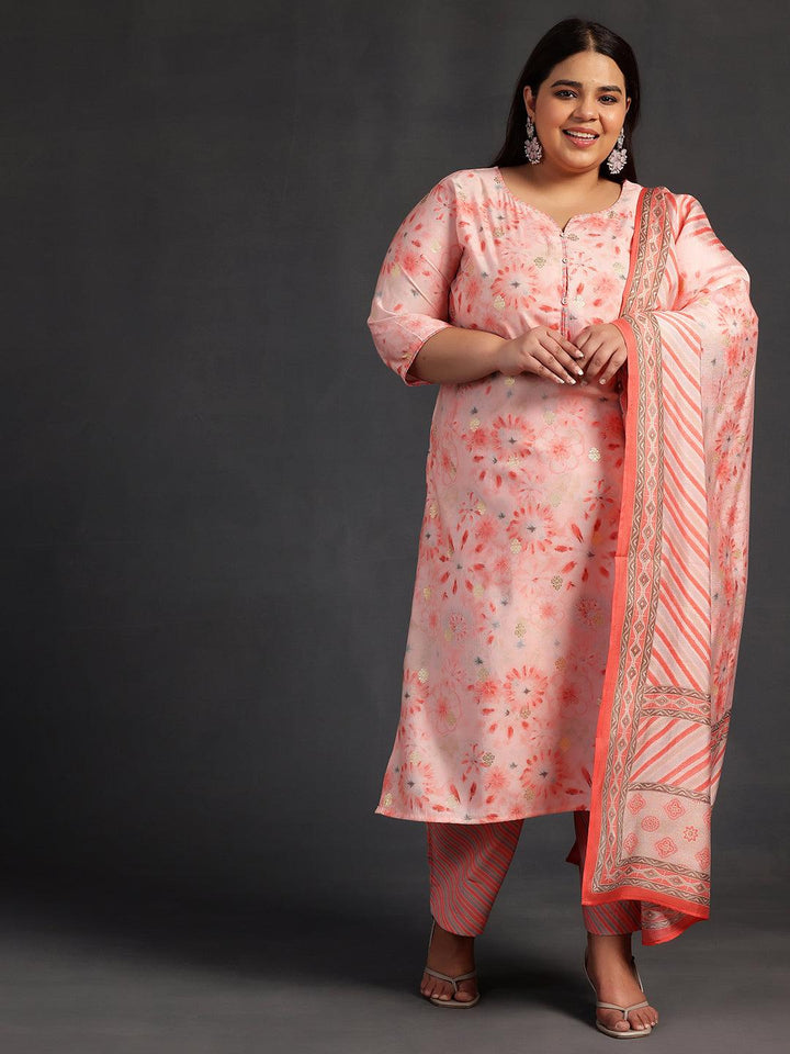 Plus Size Peach Printed Silk Blend Straight Suit With Dupatta