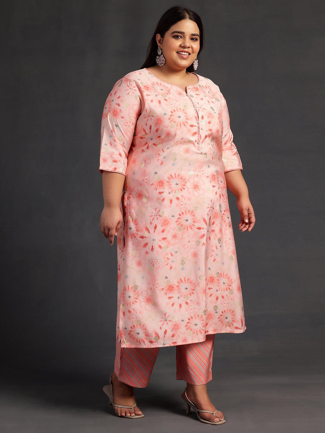 Plus Size Peach Printed Silk Blend Straight Kurta With Trousers & Dupatta - ShopLibas 