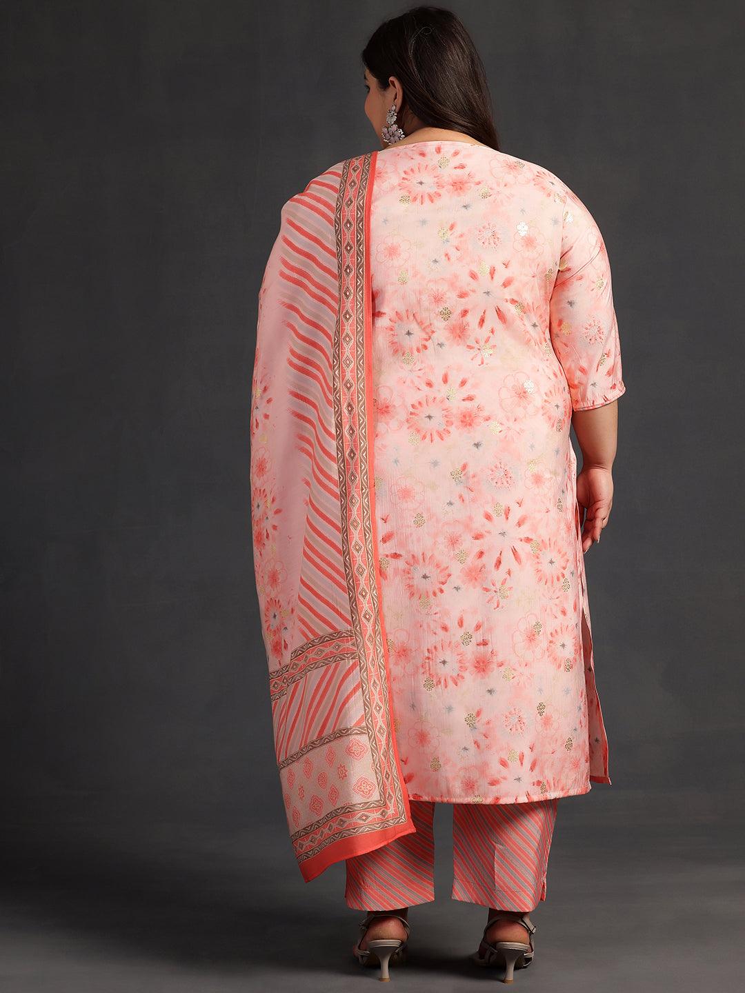 Plus Size Peach Printed Silk Blend Straight Kurta With Trousers & Dupatta - ShopLibas 