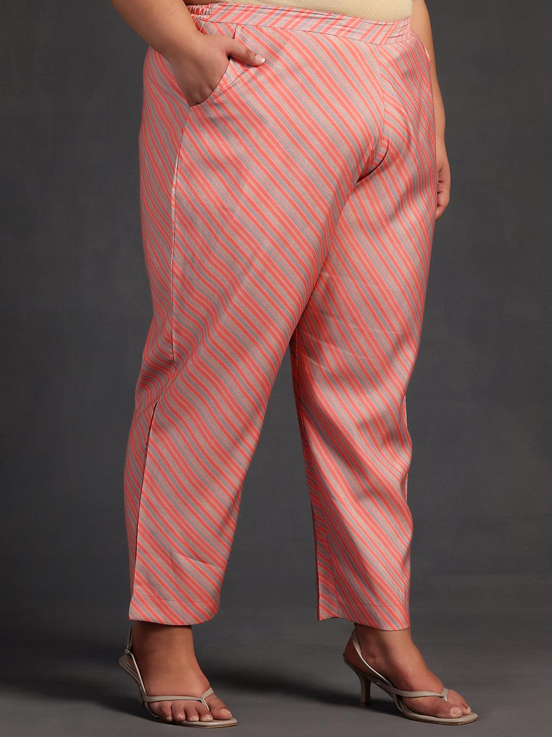 Plus Size Peach Printed Silk Blend Straight Kurta With Trousers & Dupatta - ShopLibas 