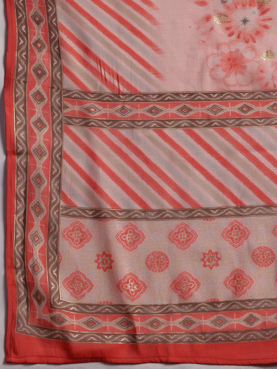 Plus Size Peach Printed Silk Blend Straight Kurta With Trousers & Dupatta - ShopLibas 
